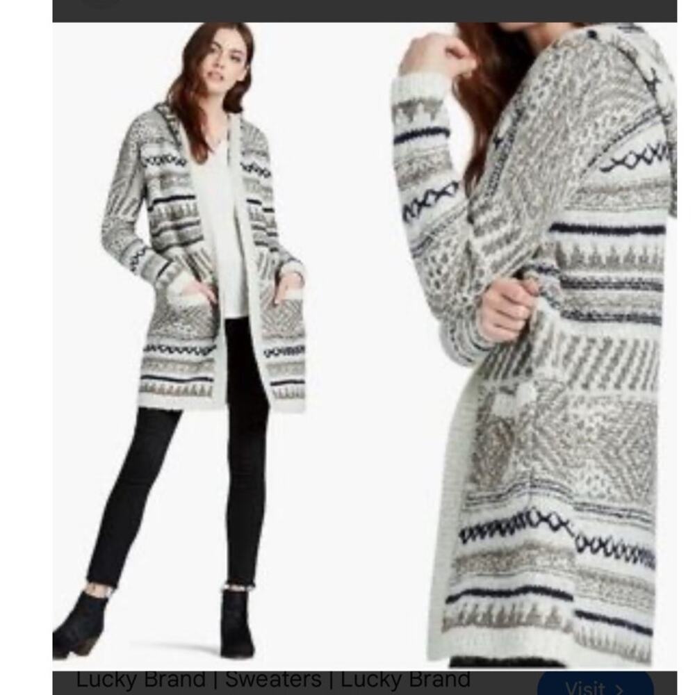 Lucky Brand Gray Blue Silver Hooded Knit Cardigan Sweater Coat Small